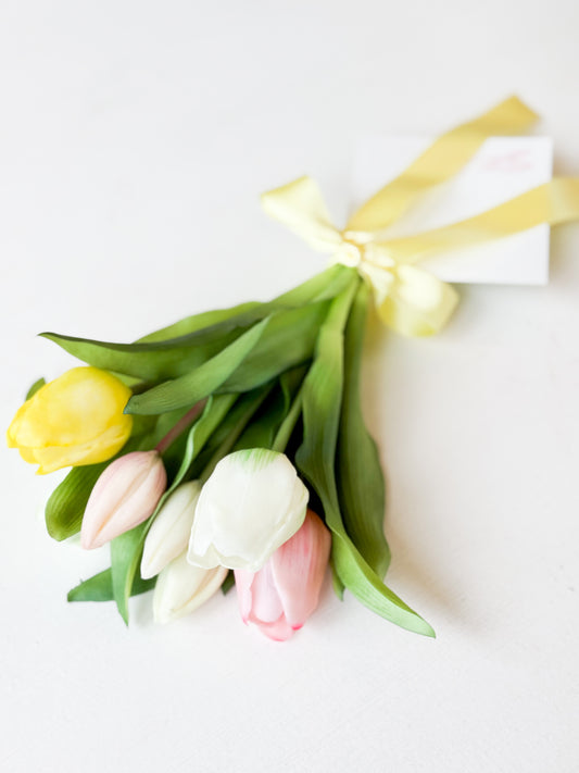 Mixed Pink, Yellow, And White Tulip Dance Bouquet