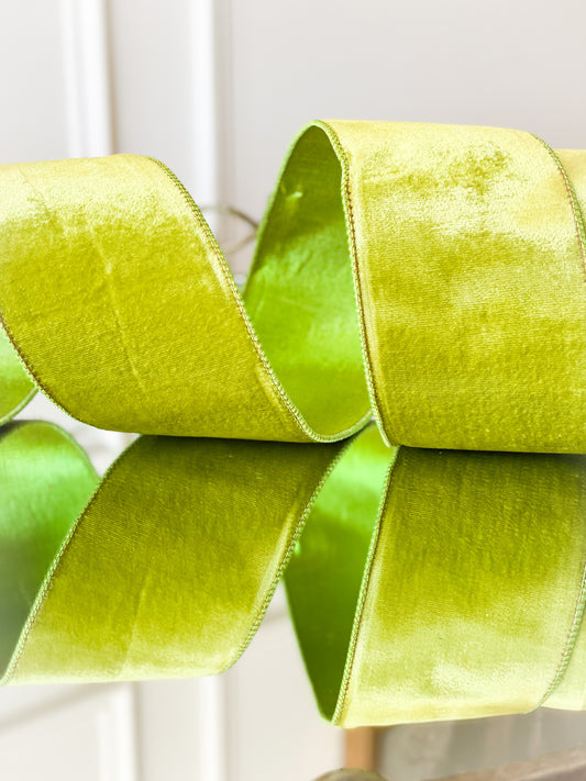 Apple Green Viscoe Velvet Ribbon With Metallic Back