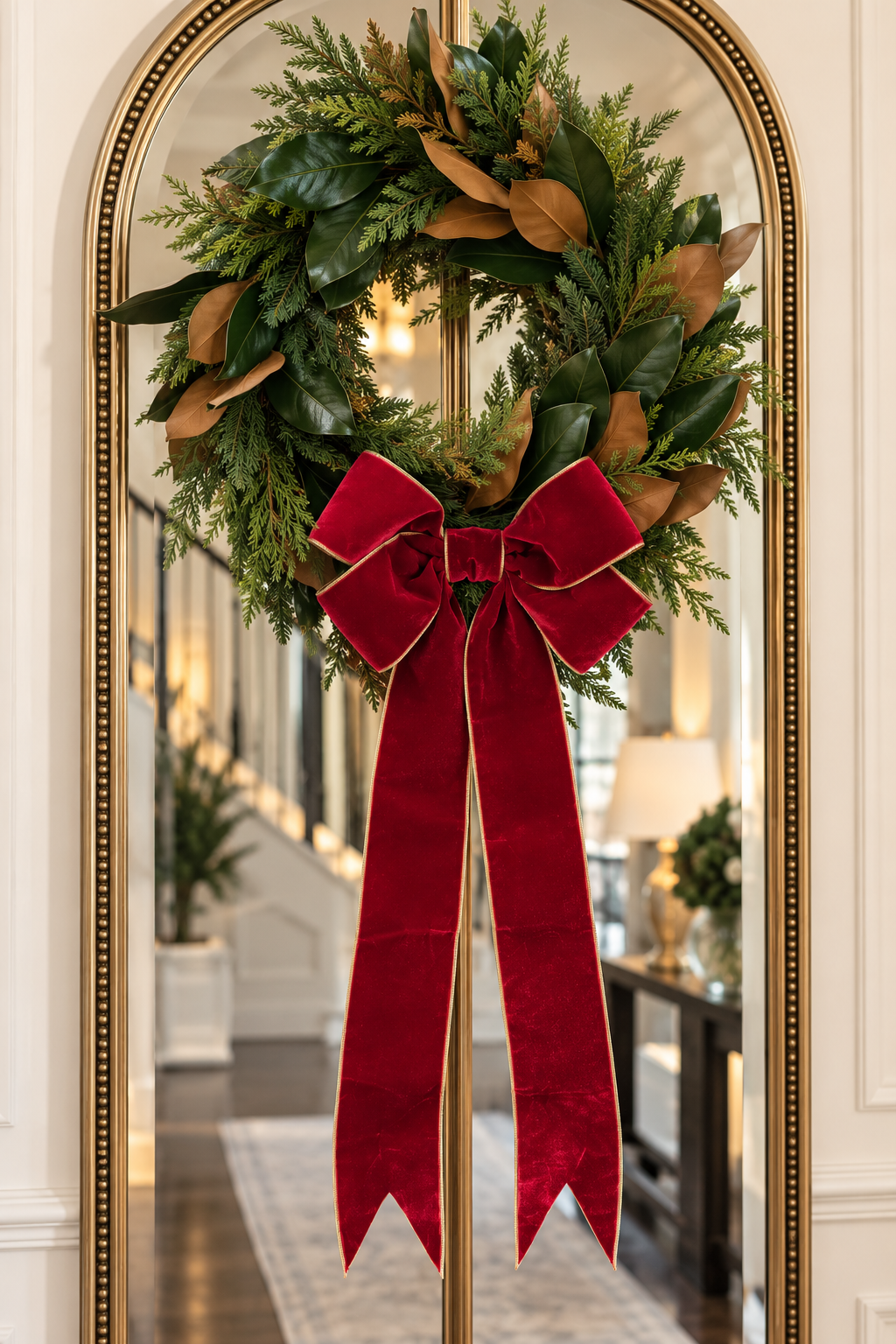 24’ Magnolia Leaf, Willow, Pine Wreath with Candy Apple Red Bow