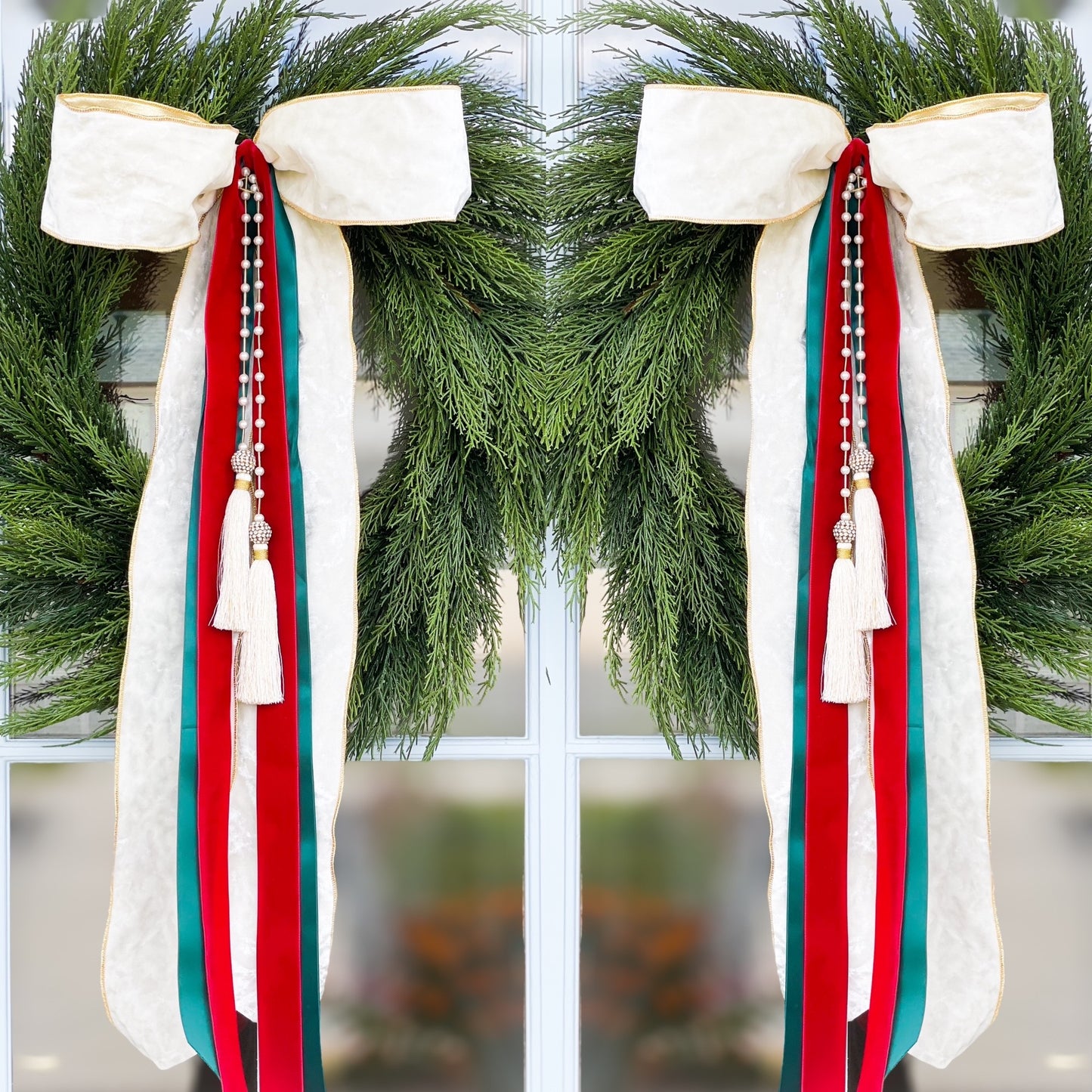 The White Noel Cedar Wreath And Bow With Pearl Tassel.