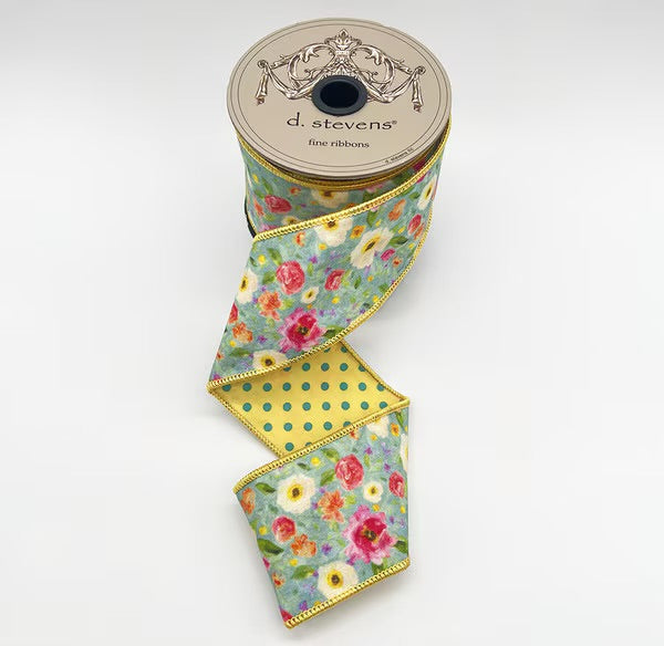 Poplin Mix Field Poppies Polka Dot Back, Pink Blue Yellow Ribbon