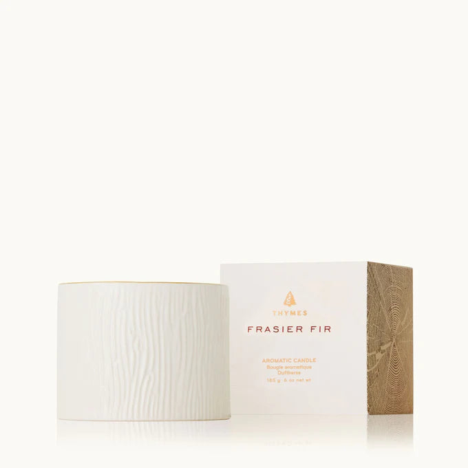 THYMES Frasier Fir Gilded Gold rim Ceramic Petite Candle 6oz