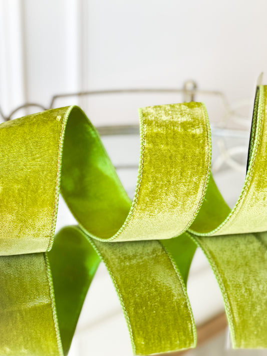 Apple Green Viscoe Velvet Ribbon With Metallic Back