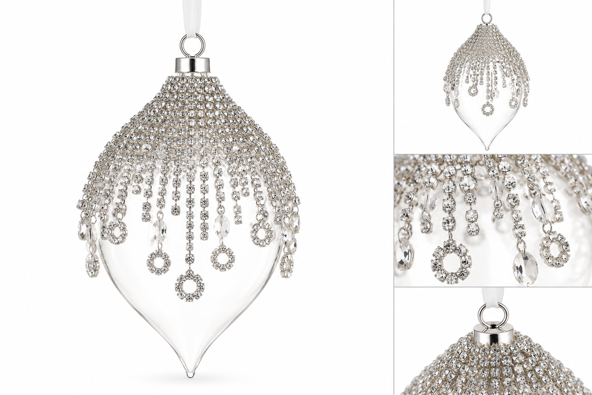 6.5” Clear & Silver Diamond Tassel Glass Finial Ornament