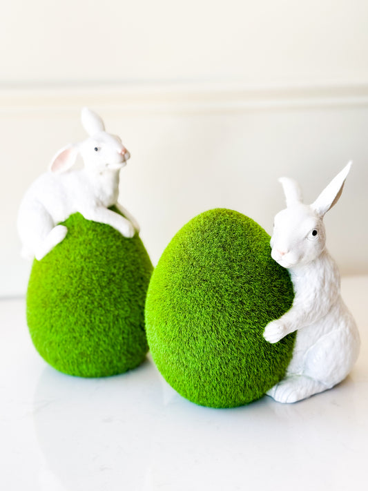 Set Of Two Resin Bunnies On Moss Eggs