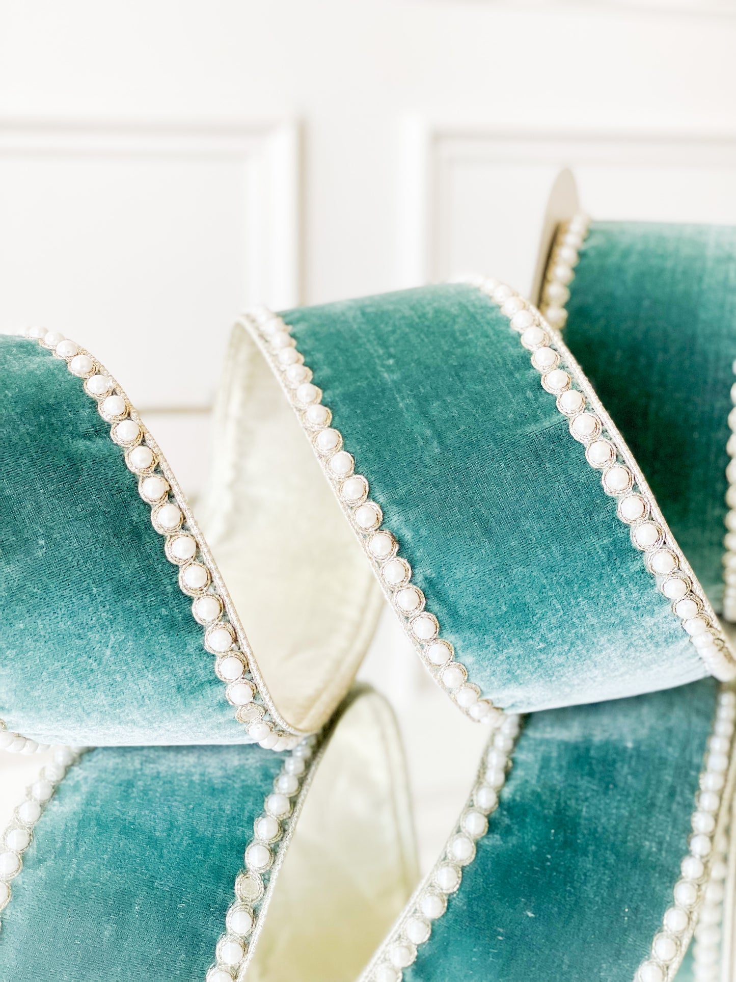 Celadon Velvet With Pearl Border Ribbon
