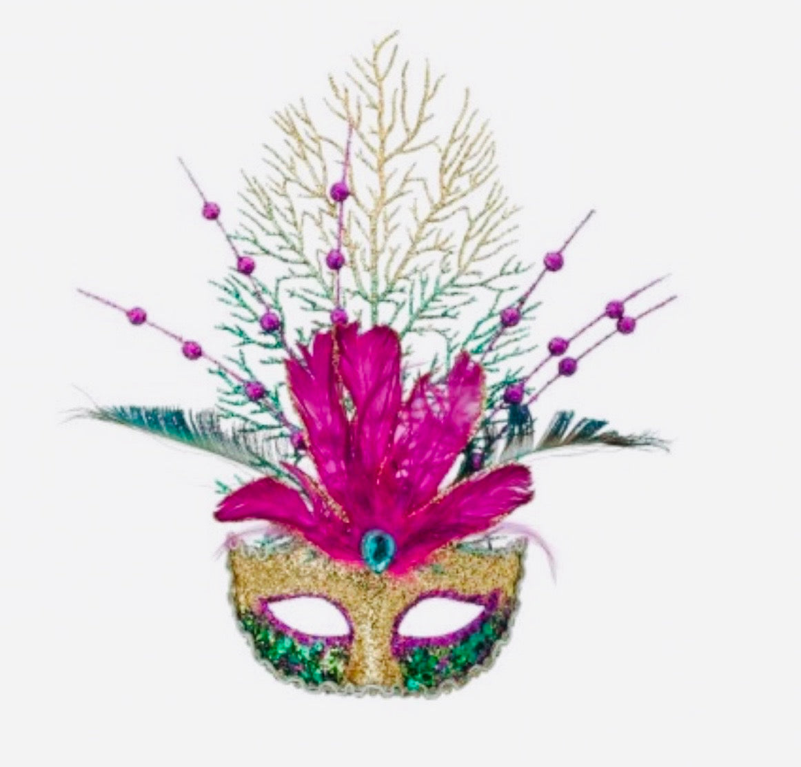 14" GLITTER W/FEATHER MARDIGRAS MASK ORNAMENT