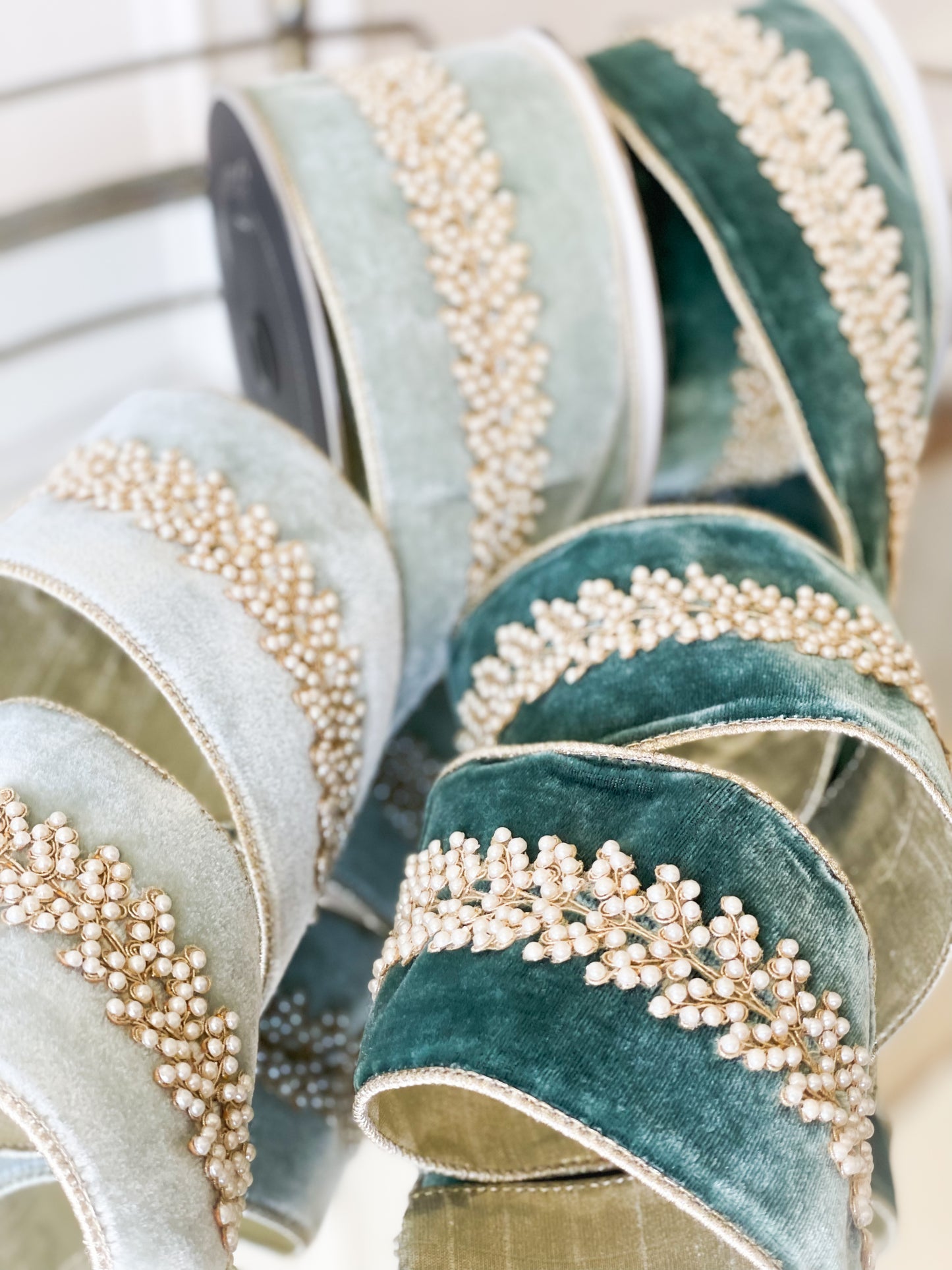 Seafoam Royal Pearl Vine Velvet Ribbon
