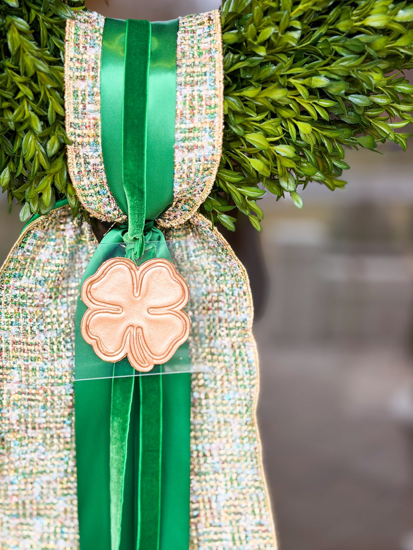 Couture Clover Tea Leaf Wreath | Luxury St. Patrick’s Day Wreath with Designer Bow