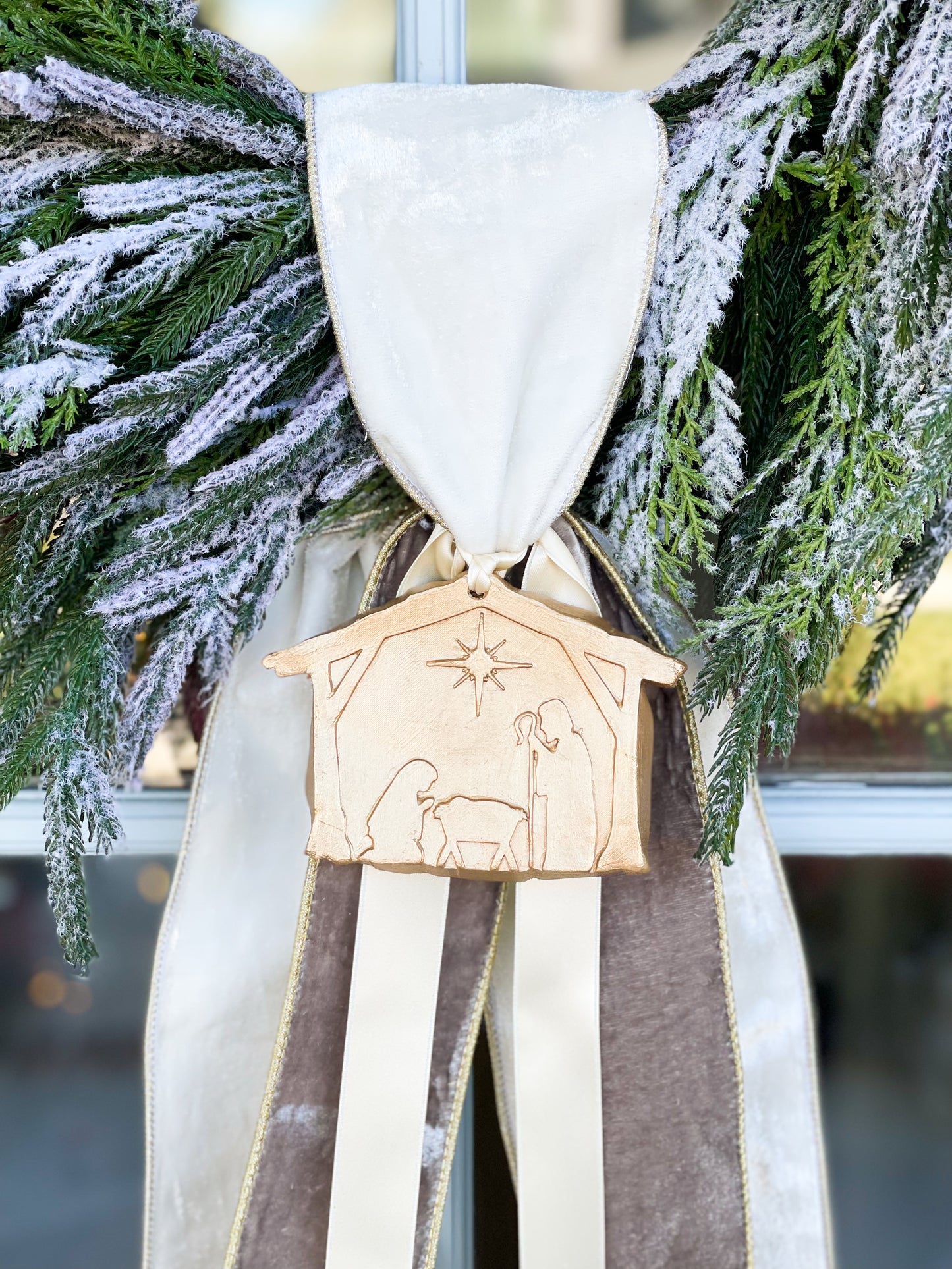 Emmanuel Wreath And Sash With Gold Nativity Ornament