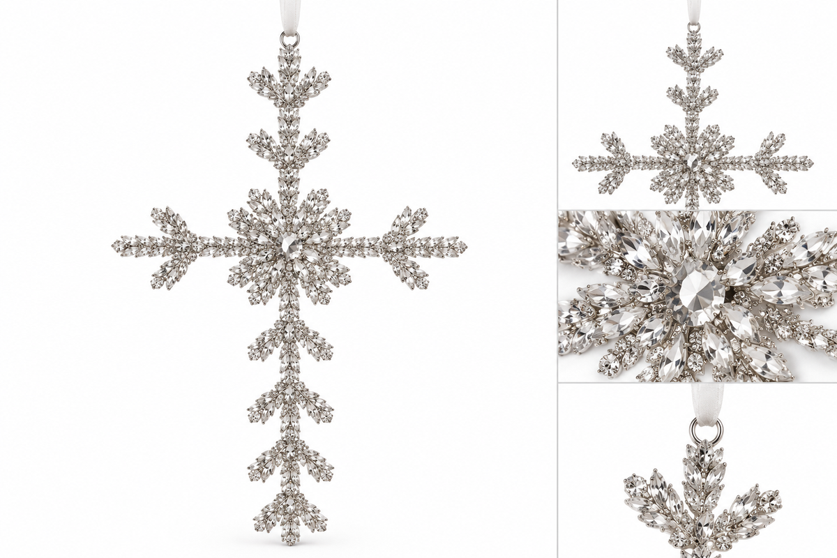11" Silver Diamond Cross Christmas Ornament