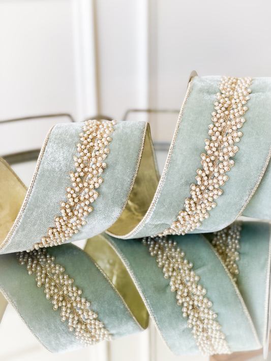 Seafoam Royal Pearl Vine Velvet Ribbon (Preorder) 4”x5yd