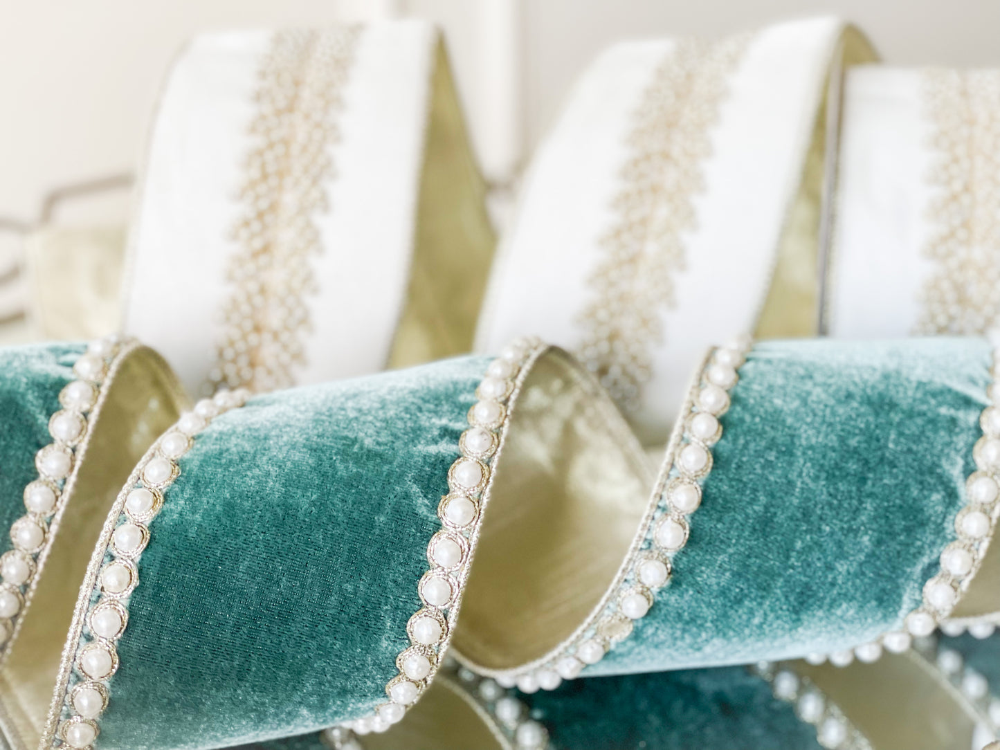 Celadon Velvet With Pearl Border Ribbon