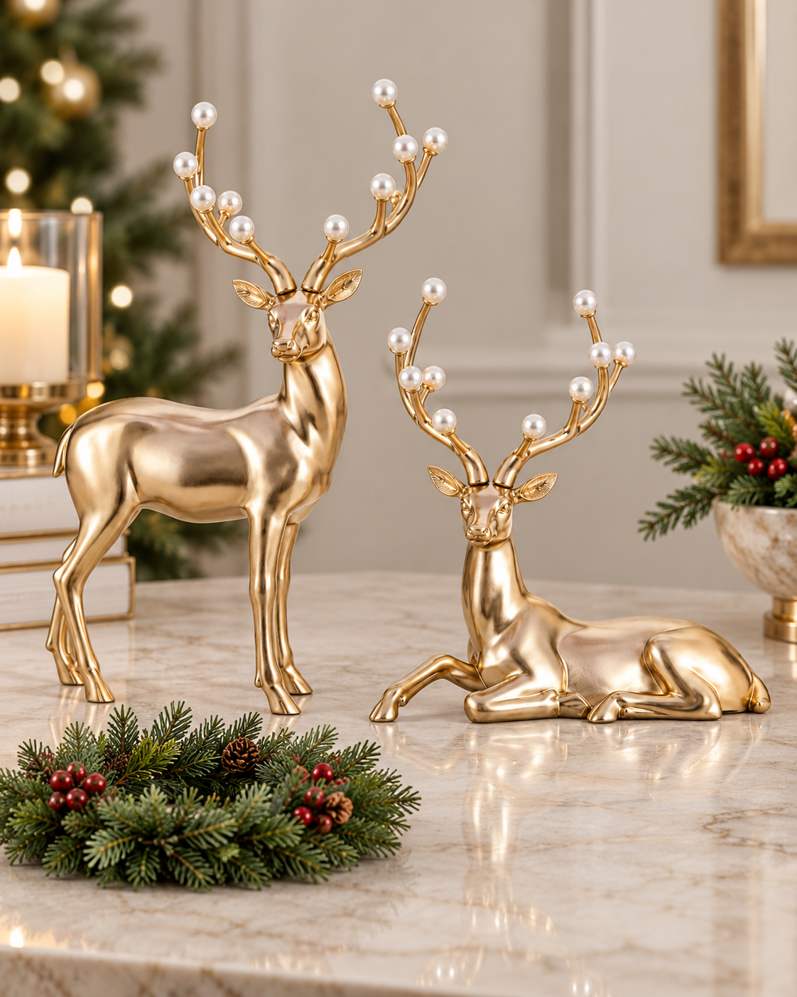 Golden Pearl Reindeer Set of 2
