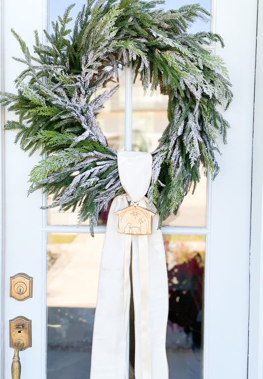Emmanuel Sash With Gold Nativity Ornament