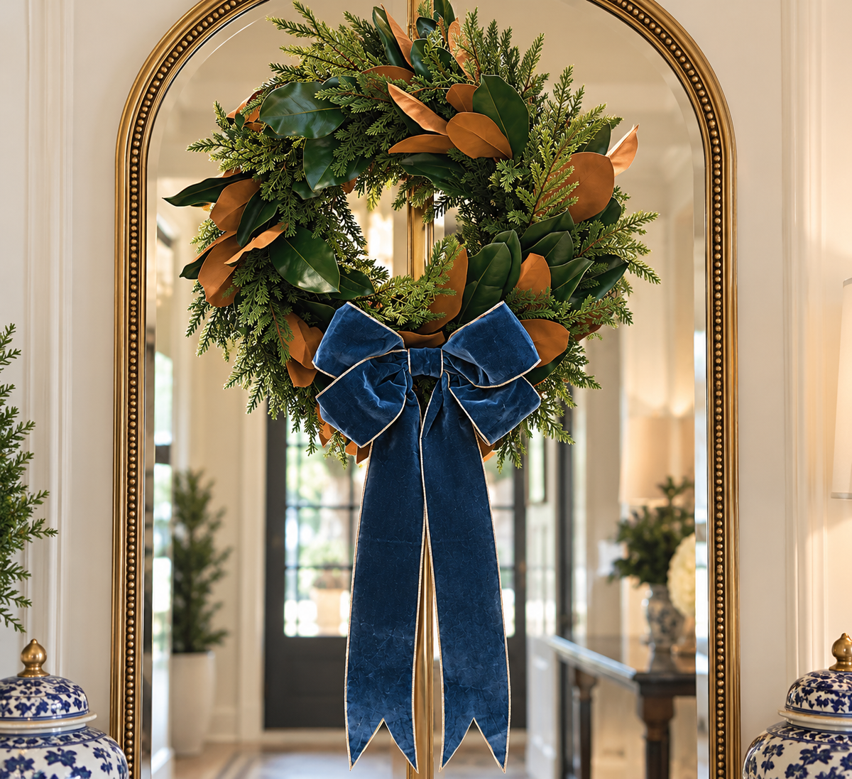 24’ Magnolia Leaf, Willow, Pine Wreath with a French Blue Bow