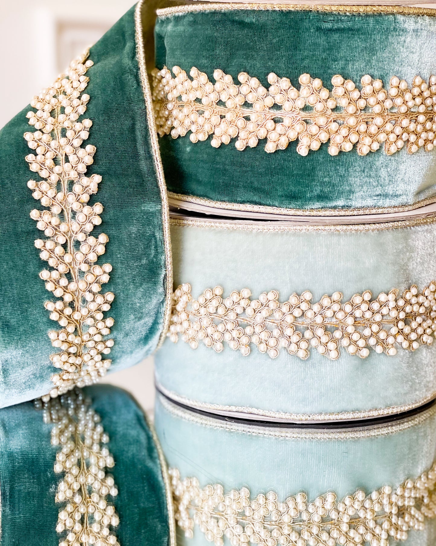 Seafoam Royal Pearl Vine Velvet Ribbon