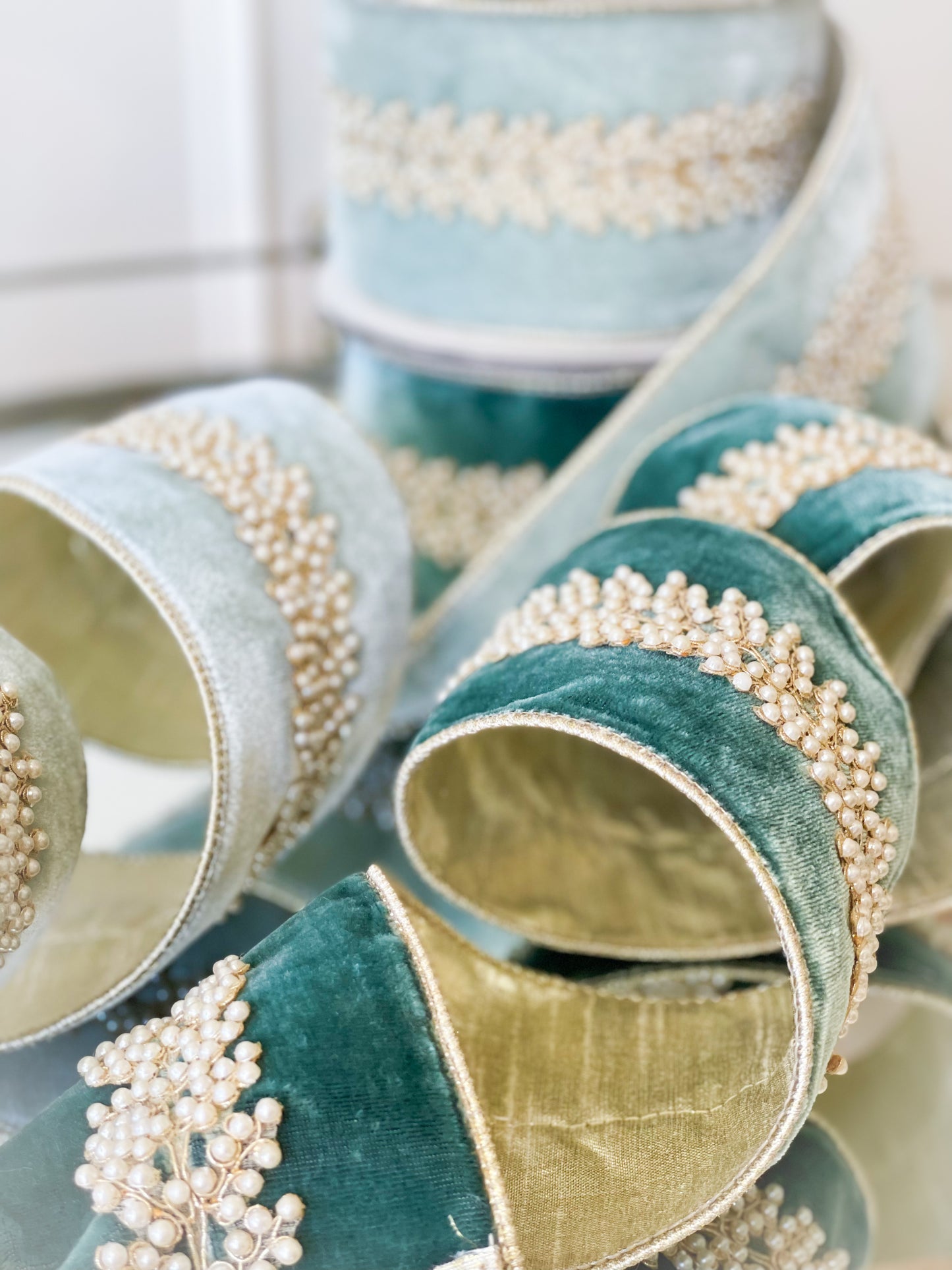 Seafoam Royal Pearl Vine Velvet Ribbon