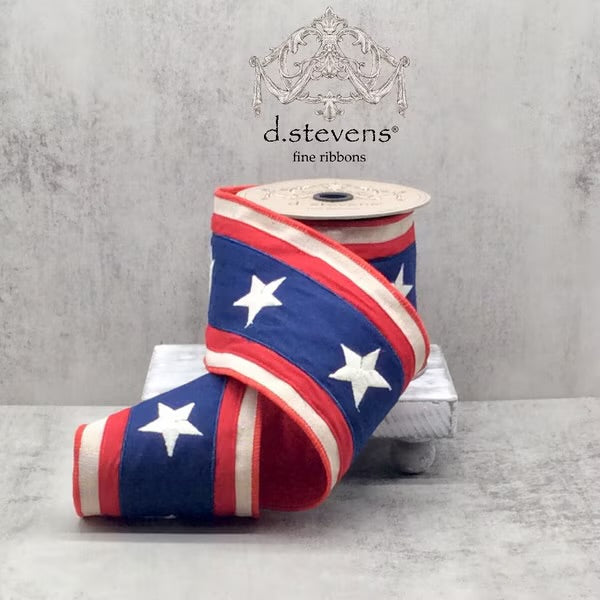 Canvas Embroidery Stars, Navy Blue Center Red Stripe Ribbon