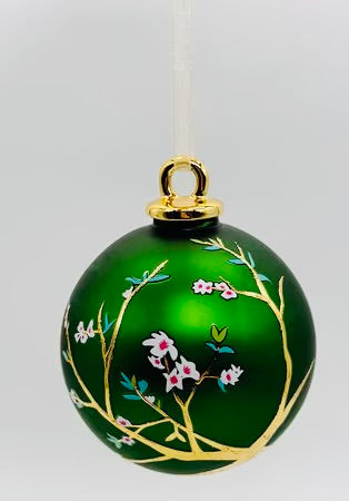 100mm glass ball cherry blossom branches ornament, emerald