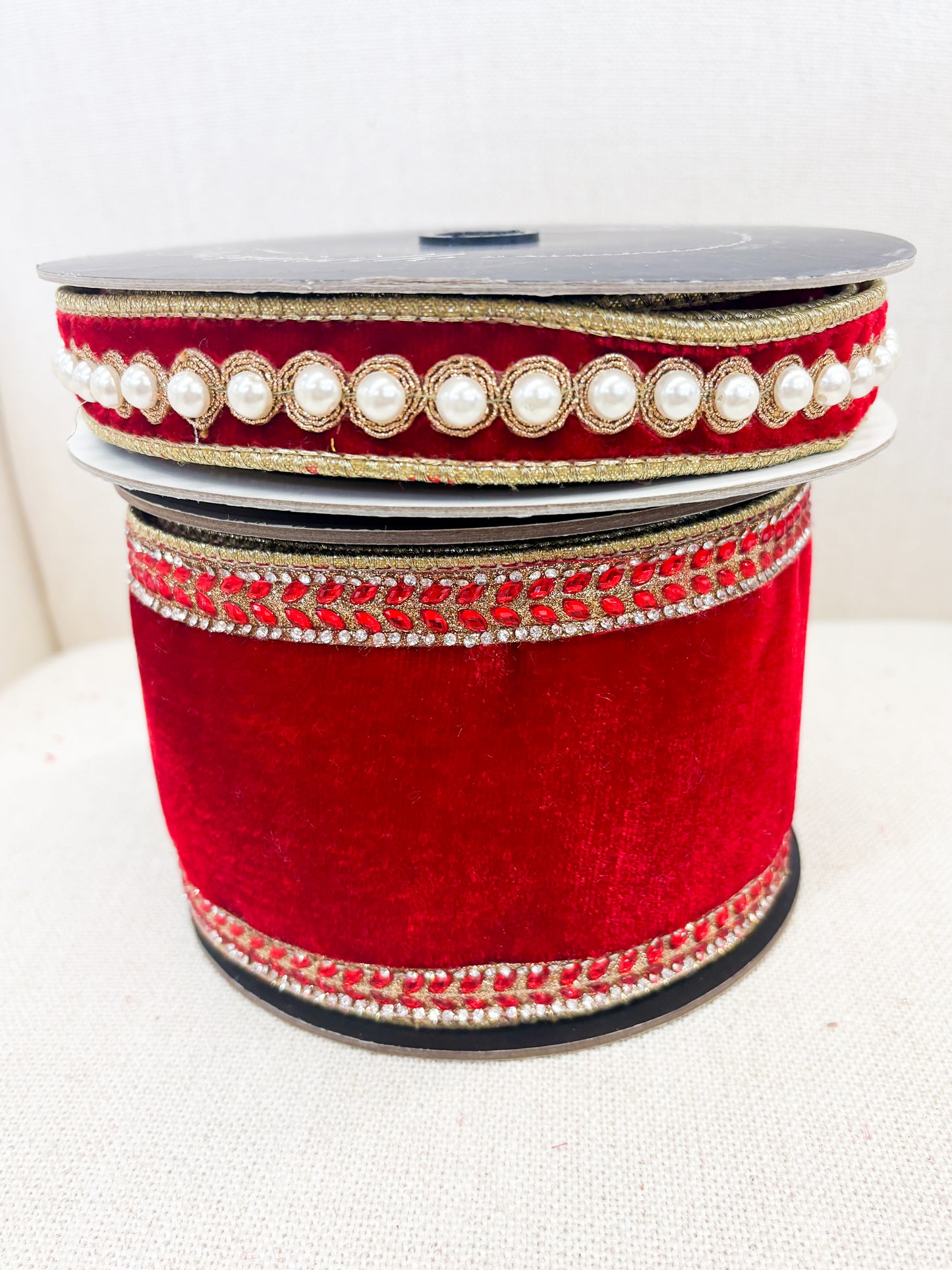 Crimson Luxe Velvet Ribbon with Beaded Gold Trim