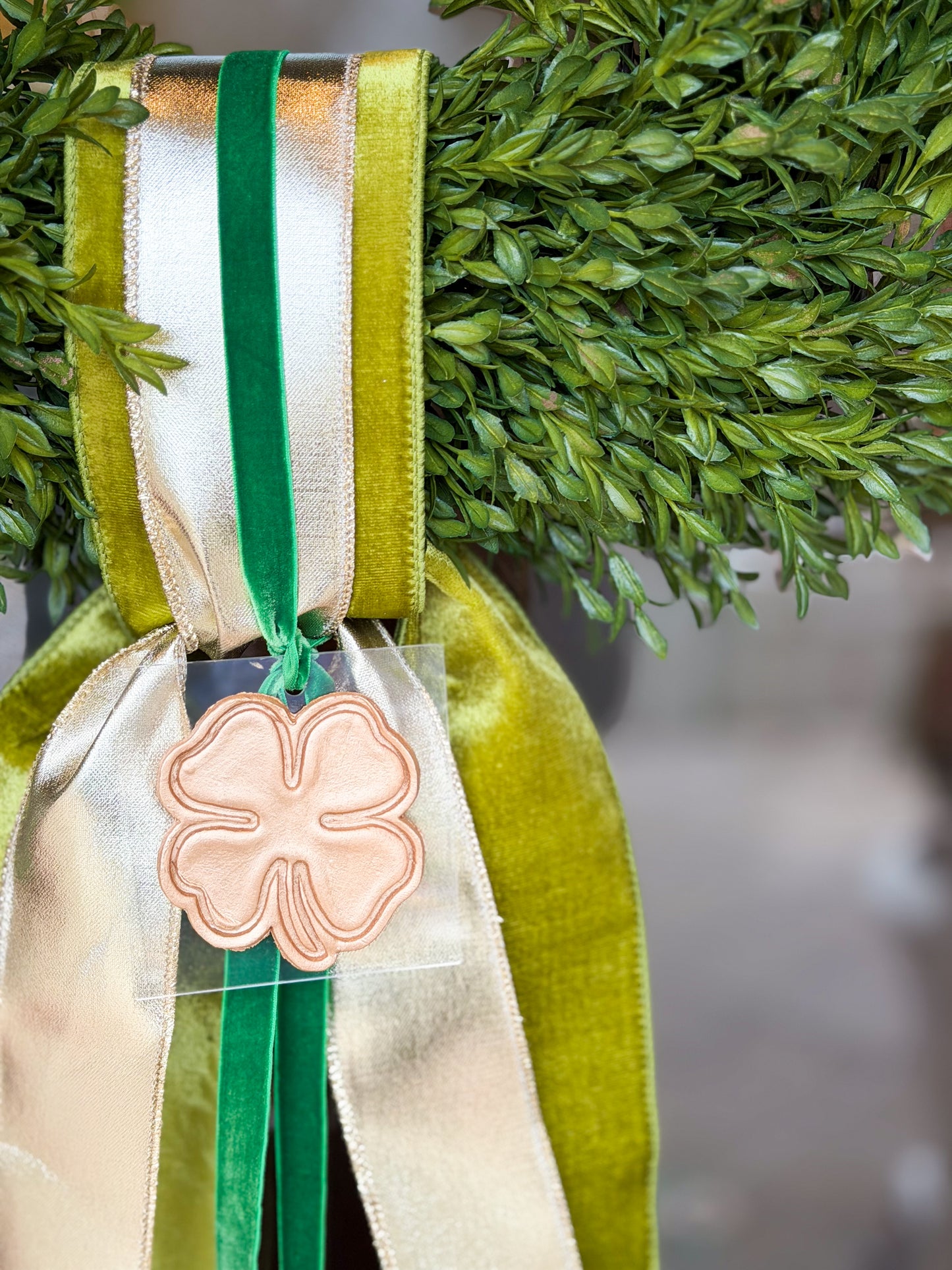 Gilded Clover Tea Leaf Wreath | Luxury St. Patrick’s Day Wreath with Velvet Bow & Clover Charm