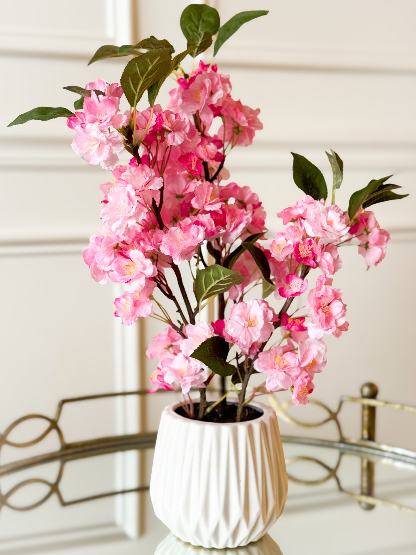 Pink Cherry Blossom Plant In Glass Vase
