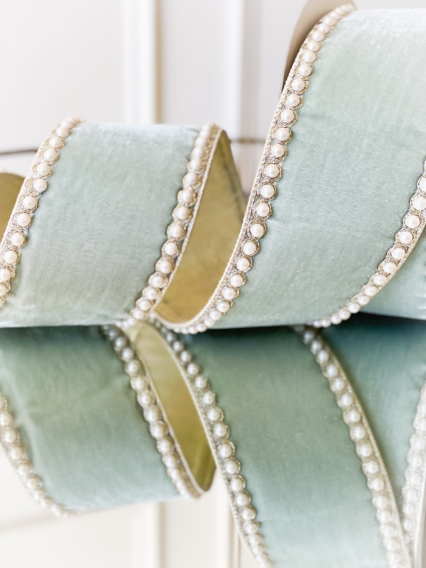 Seafoam Velvet With Pearl Border Ribbon