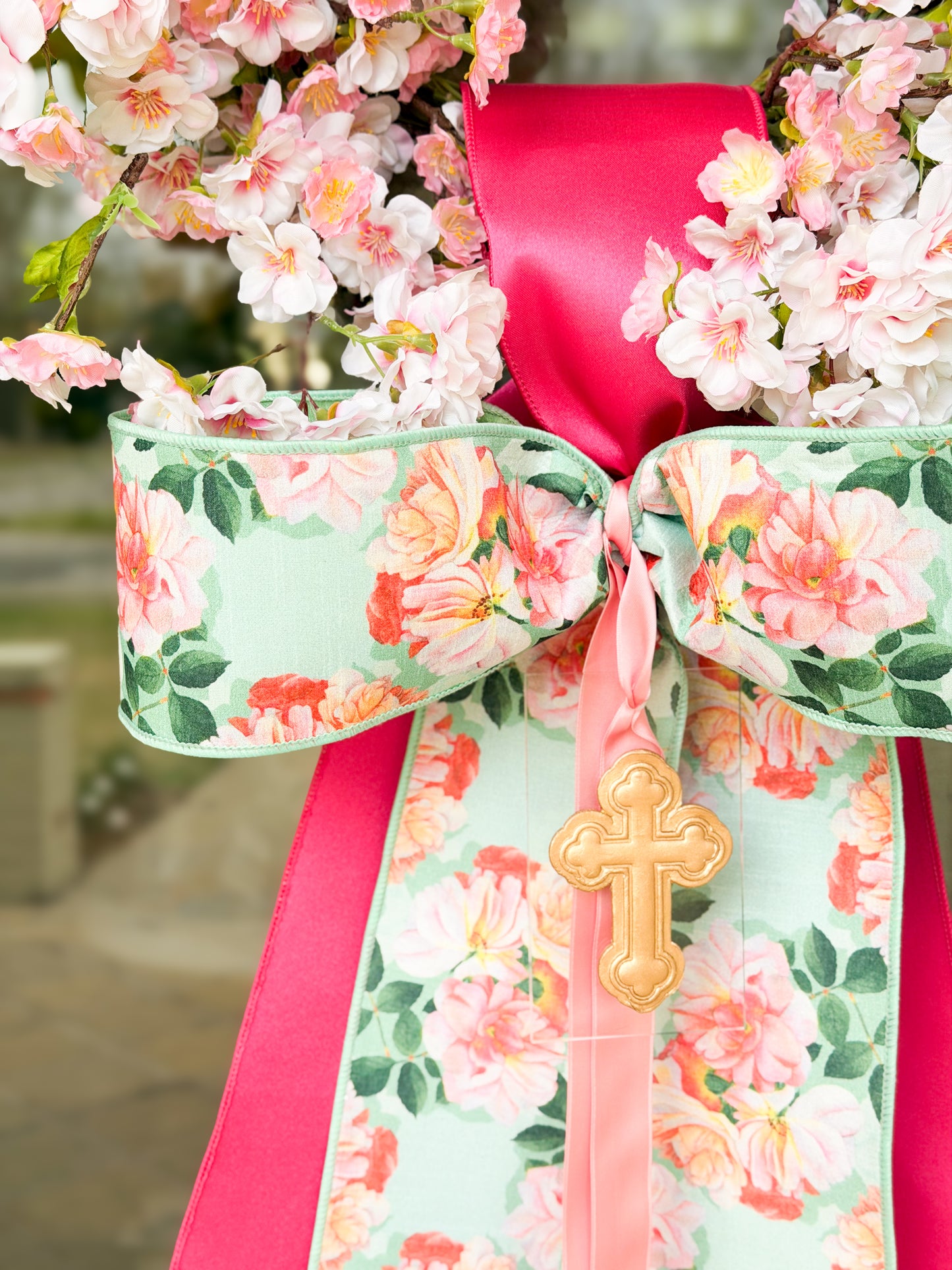 Camellia Garden Cross Cherry Blossom Wreath
