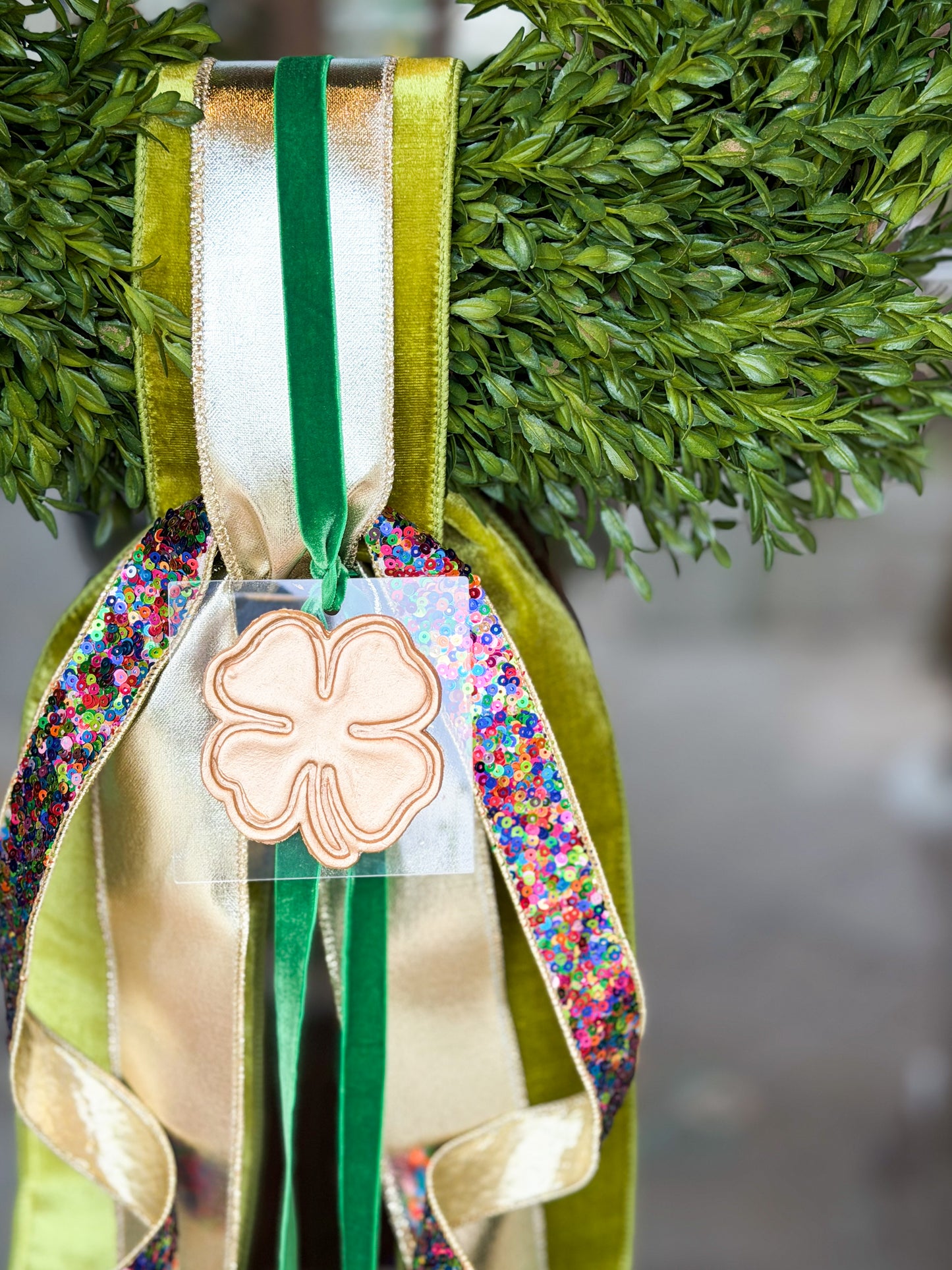 Gilded Luxe Clover Tea Leaf Wreath | Luxury St. Patrick’s Day Wreath with Velvet Bow & Clover Charm
