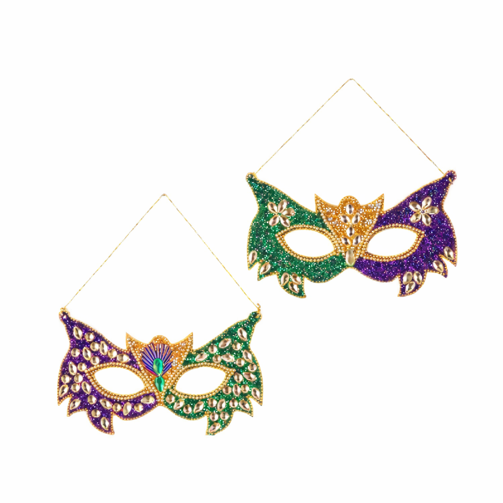 7" BEADED MARDI GRAS MASK ORNAMENT 2/AST
