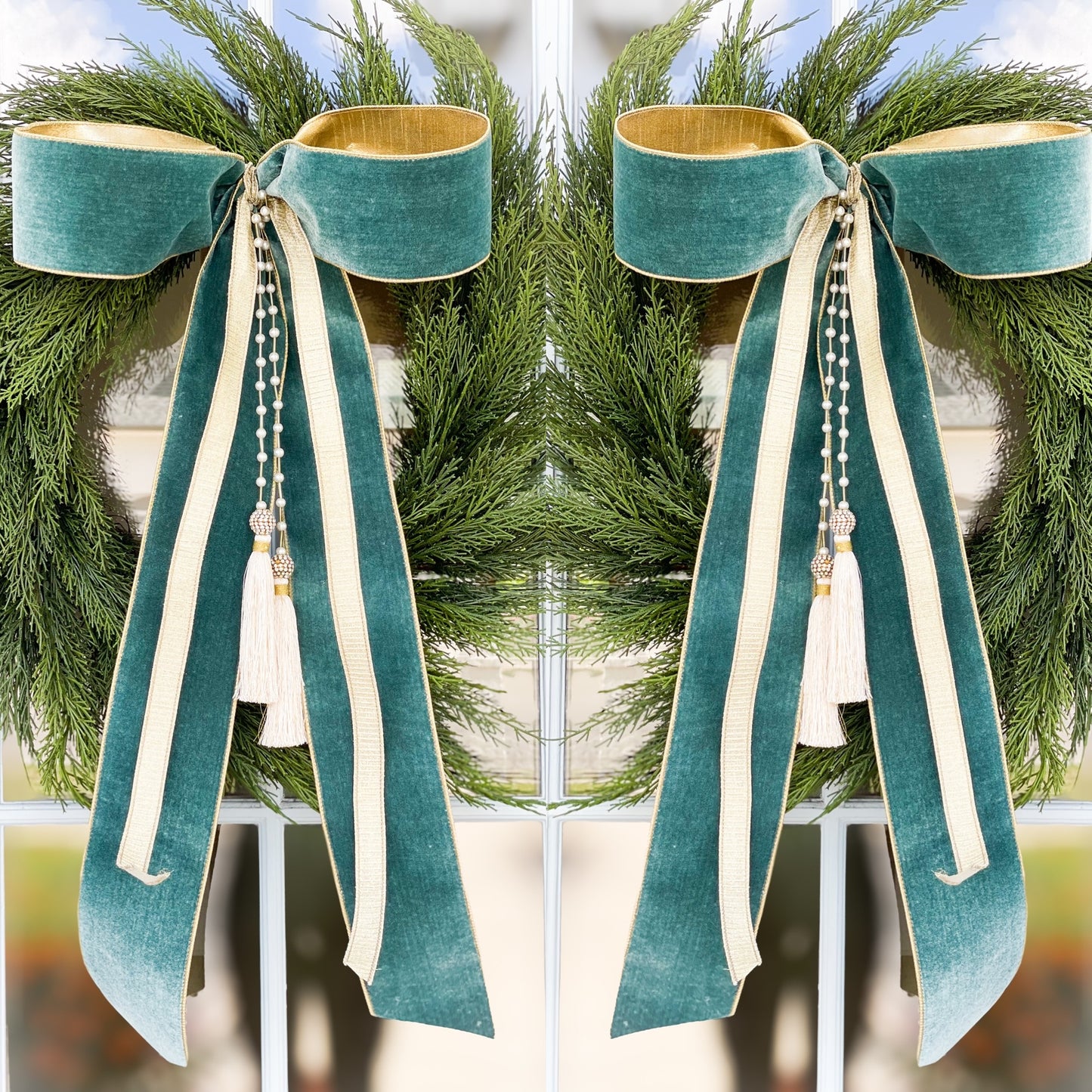 The Celadon Noel Cedar Wreath And Bow With Pearl Tassel.
