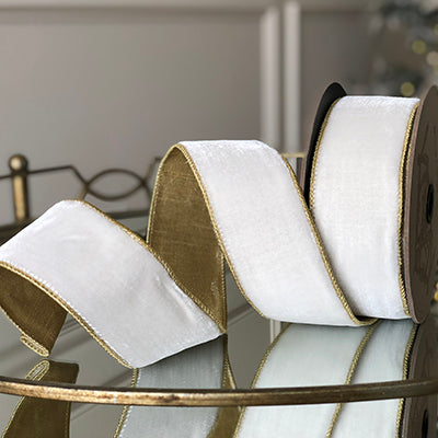 2.5" x 10 yds Lush Velvet Ribbon with Gold Trim- Winter White
