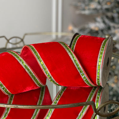 Red Velvet with Green Jeweled Trim Ribbon