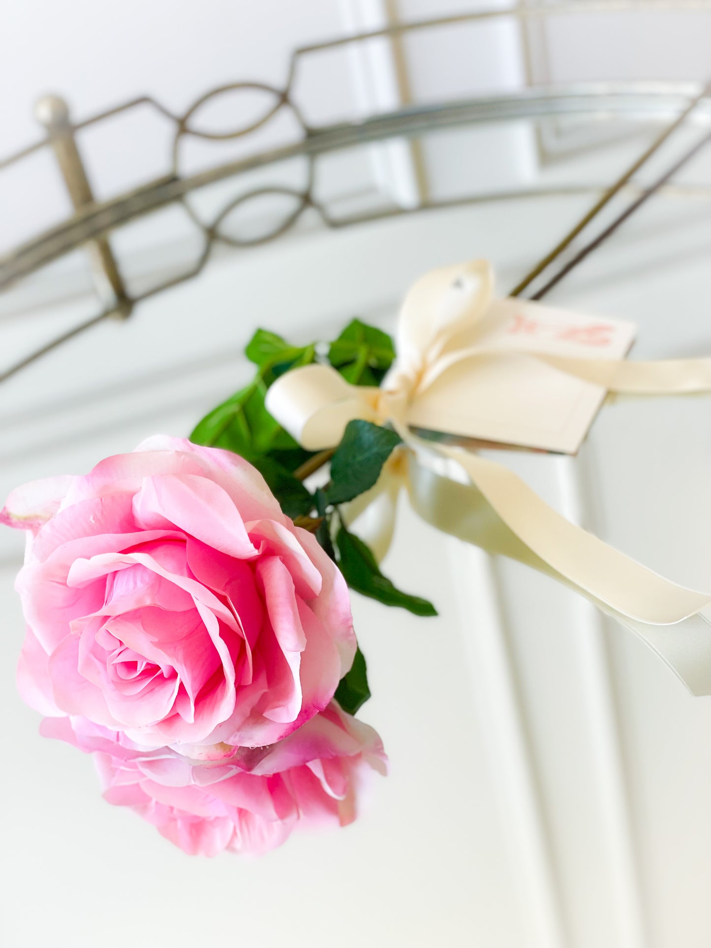 Just Cut Hot Pink Open Rose With Satin Bow And Dance Card