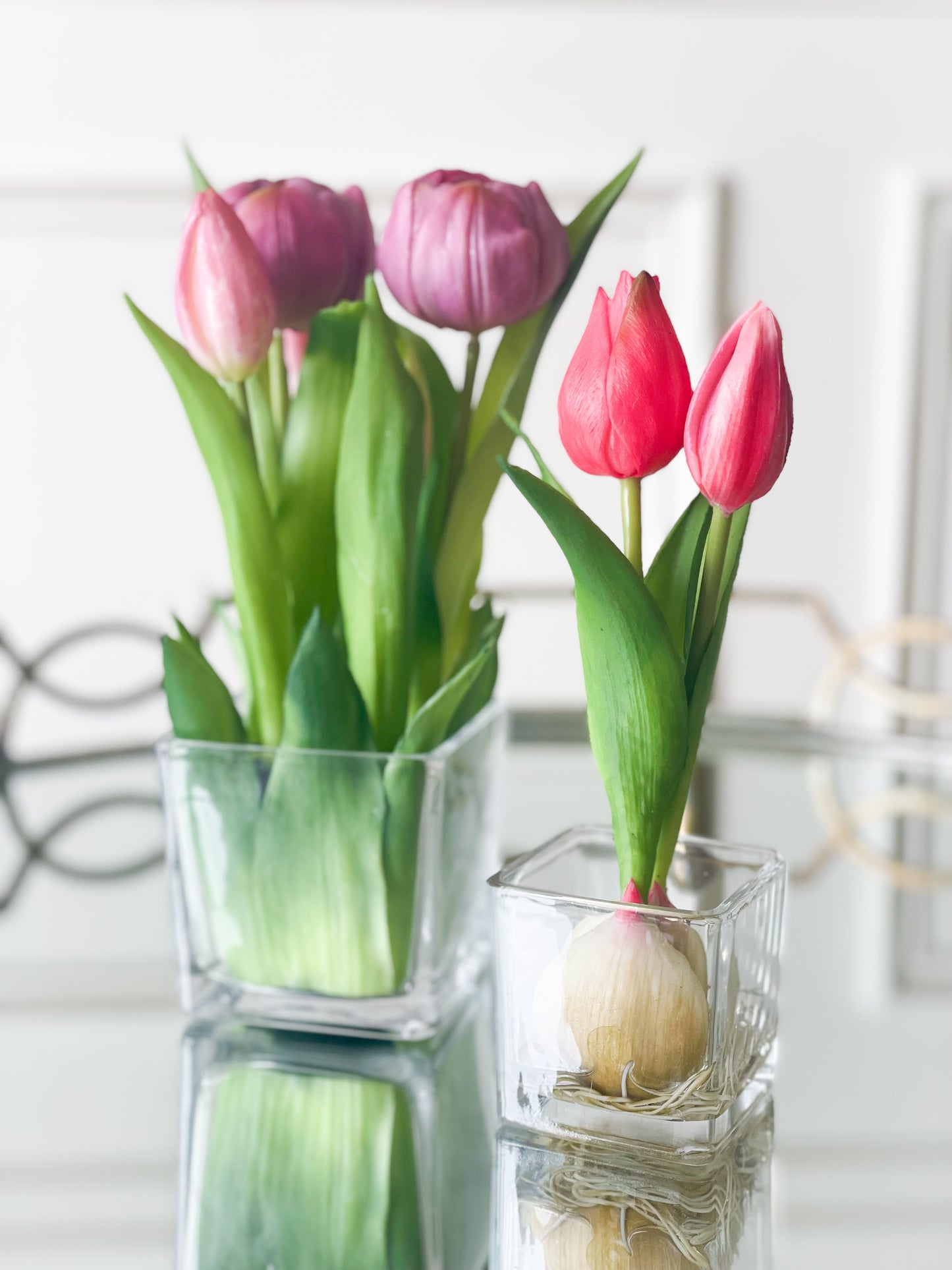 Fuchsia Tulip Bud And Bulb In Vase