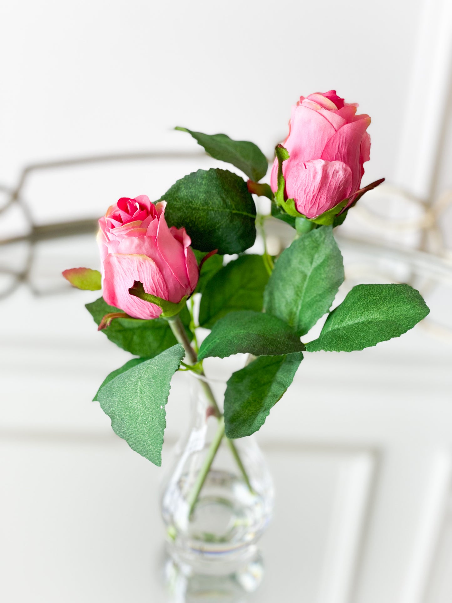 Fuchsia Double Rosebud In Glass Vase With Acrylic Water