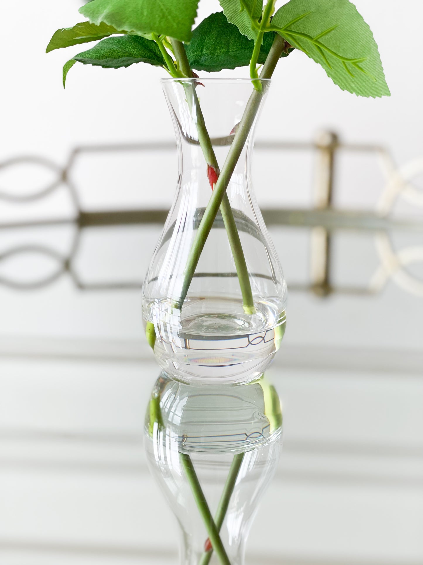 Coral Double Rosebud In Glass Vase With Acrylic Water