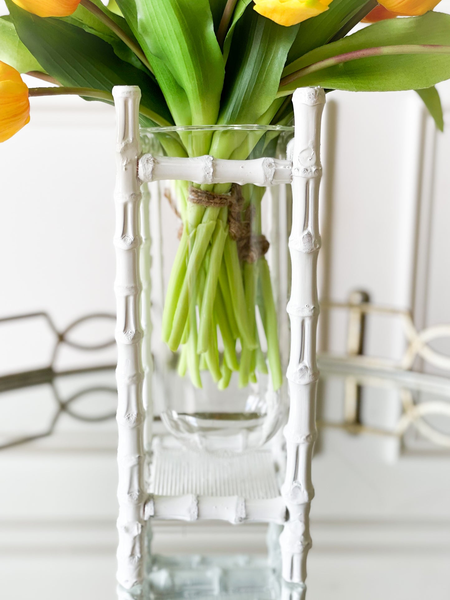 Hand Crafted White Bamboo Vase With Glass Vessel