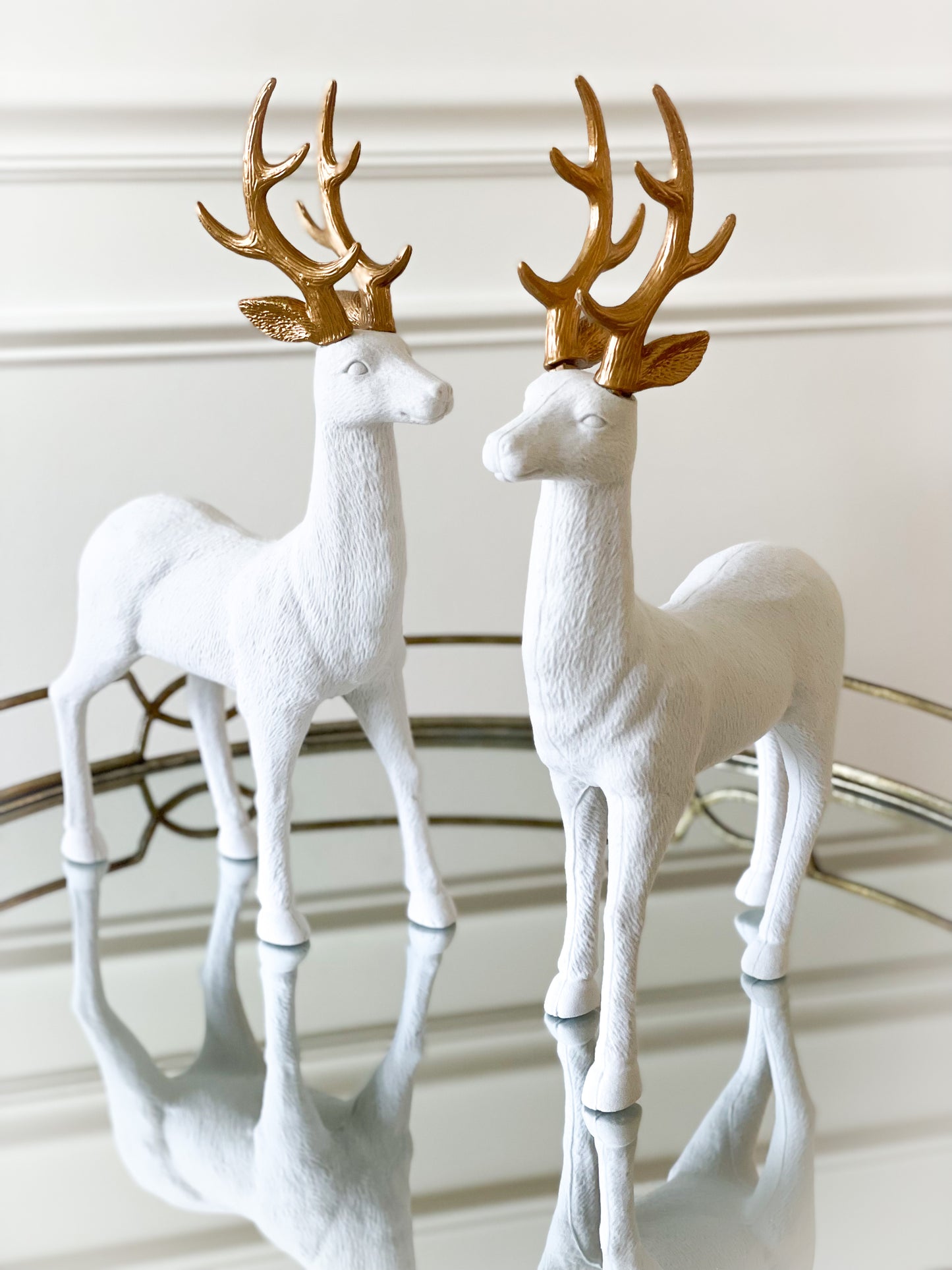 Set of 2 White Velvet Reindeer With Gold Antlers