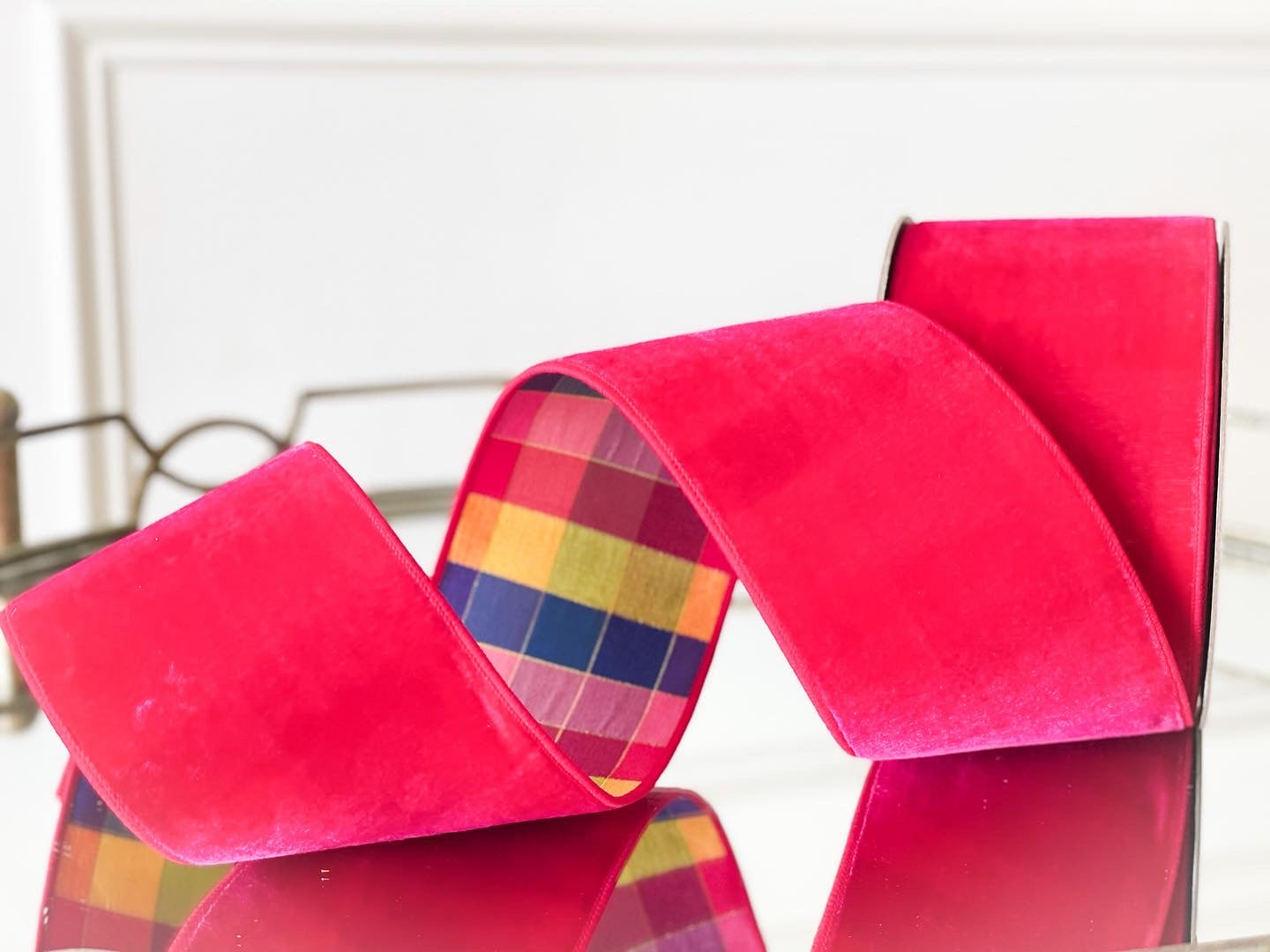 Hot Pink Velvet Ribbon With Bright Plaid Back