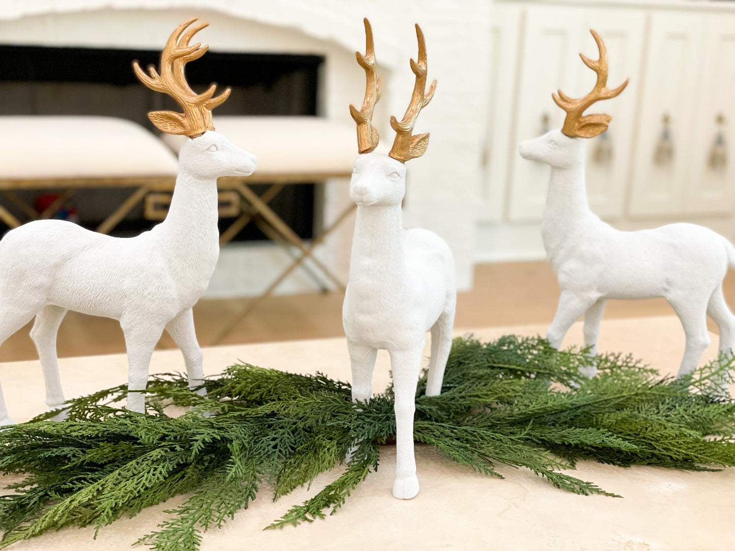 Set of 2 White Velvet Reindeer With Gold Antlers