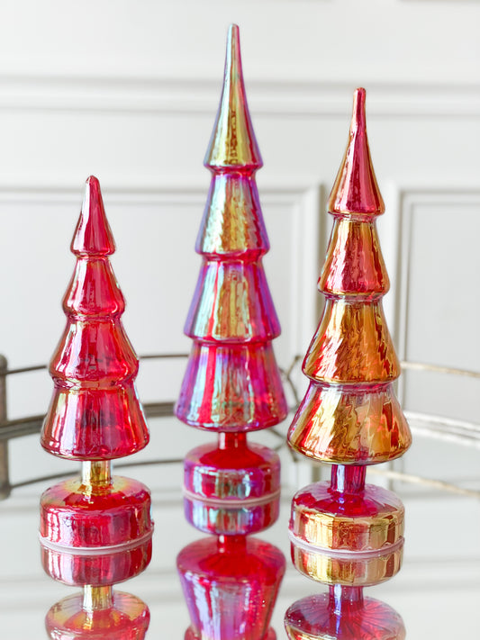 Set Of Three Red Glass Iridescent Trees