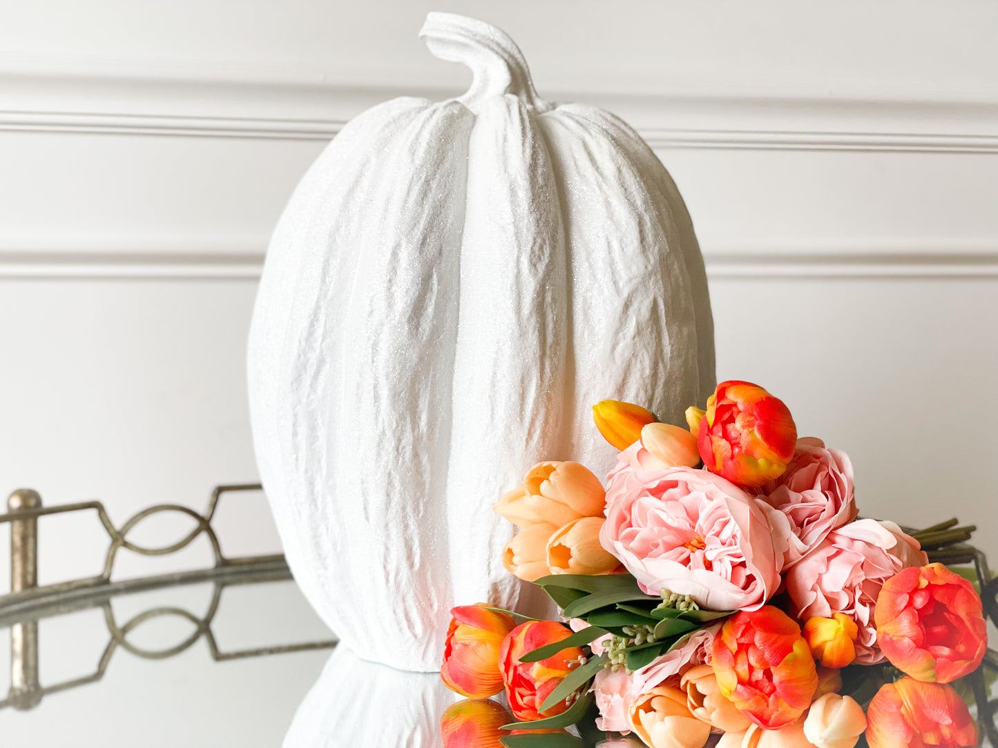 Set Of Two White Glitter Pumpkins