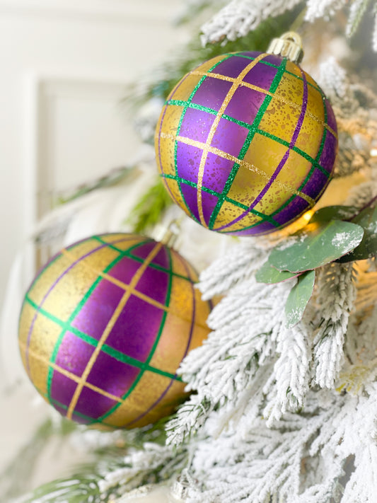 Set Of Two Gold Mardi Gras Plaid Ornaments