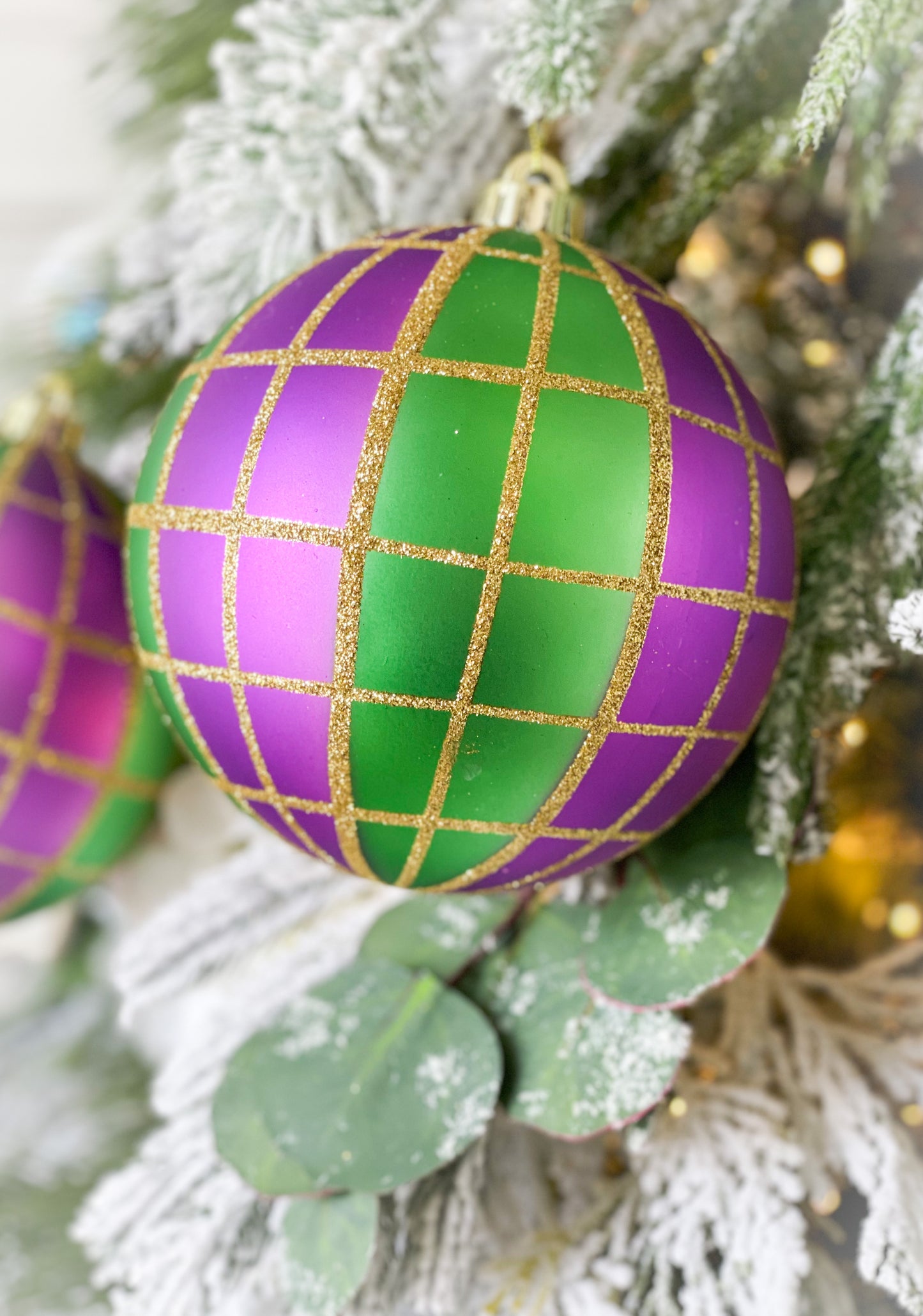 Set Of Two Green Mardi Gras Plaid Ornaments