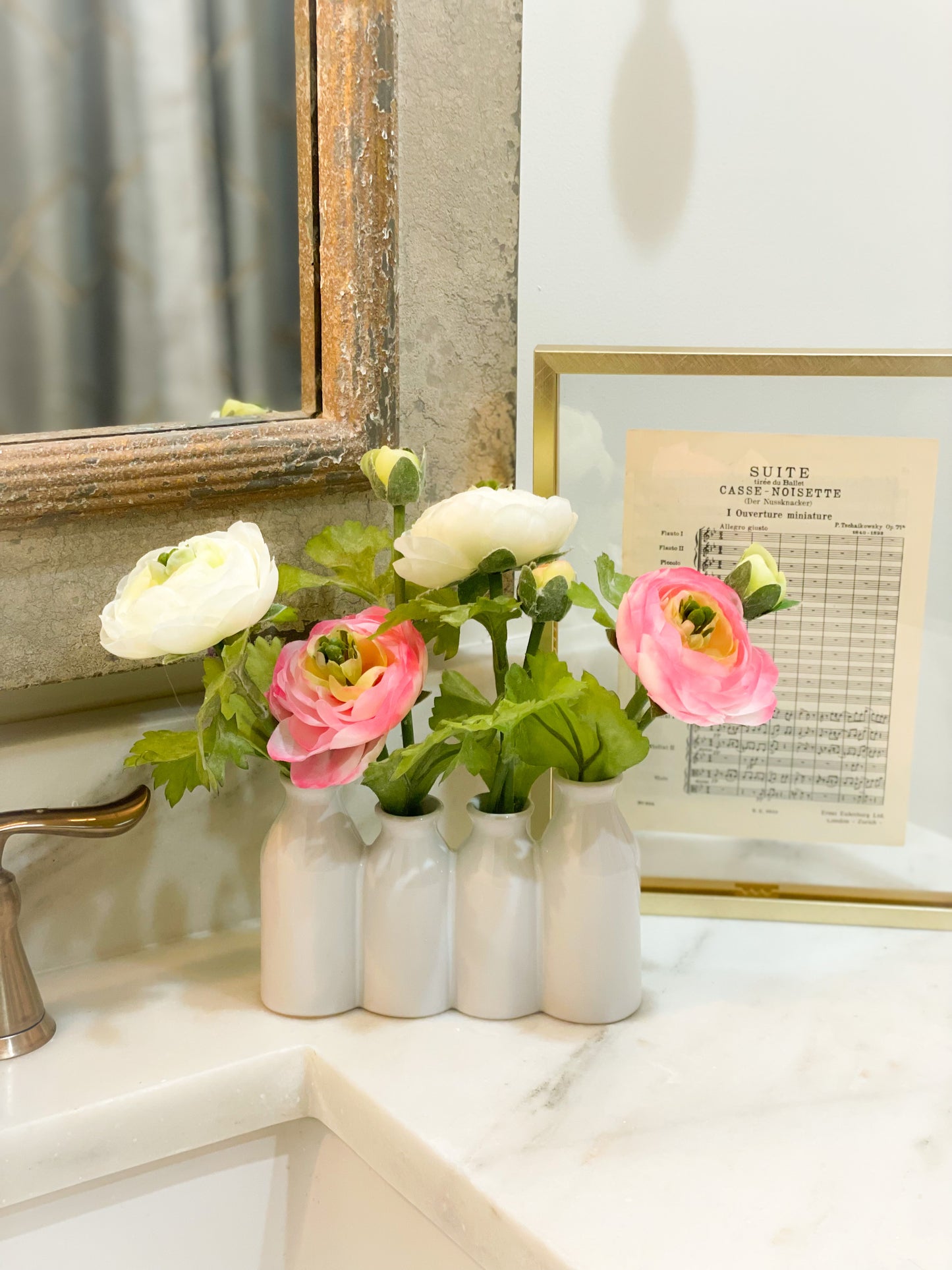 Pink And White Ranunculus In Ceramic Vase