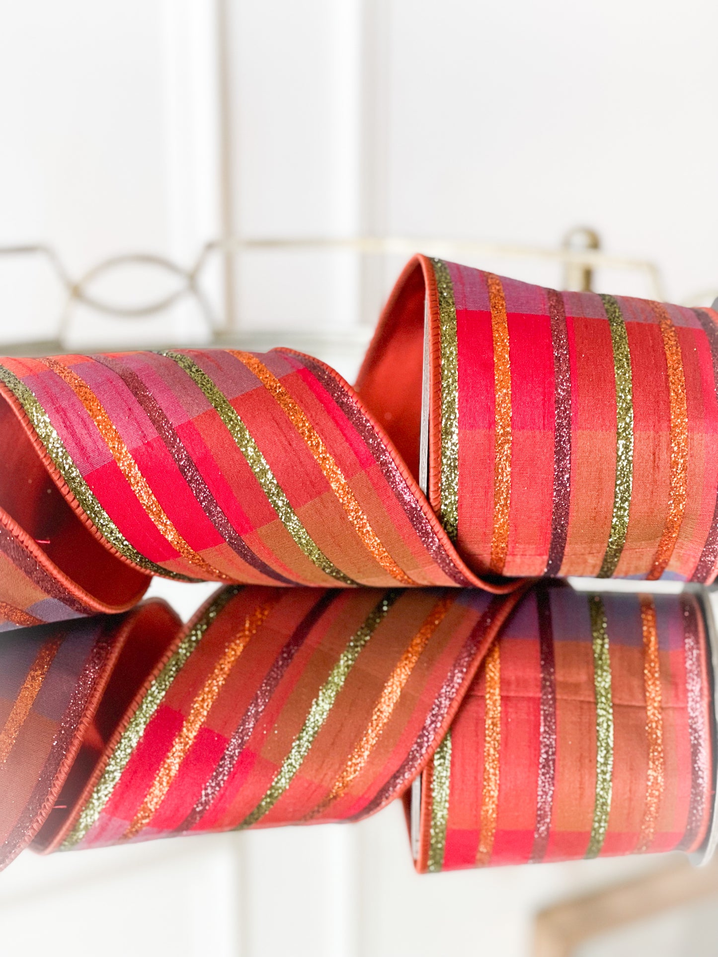 Autumn Orange Faux Dupion Fall Plaid Glitter Stripe