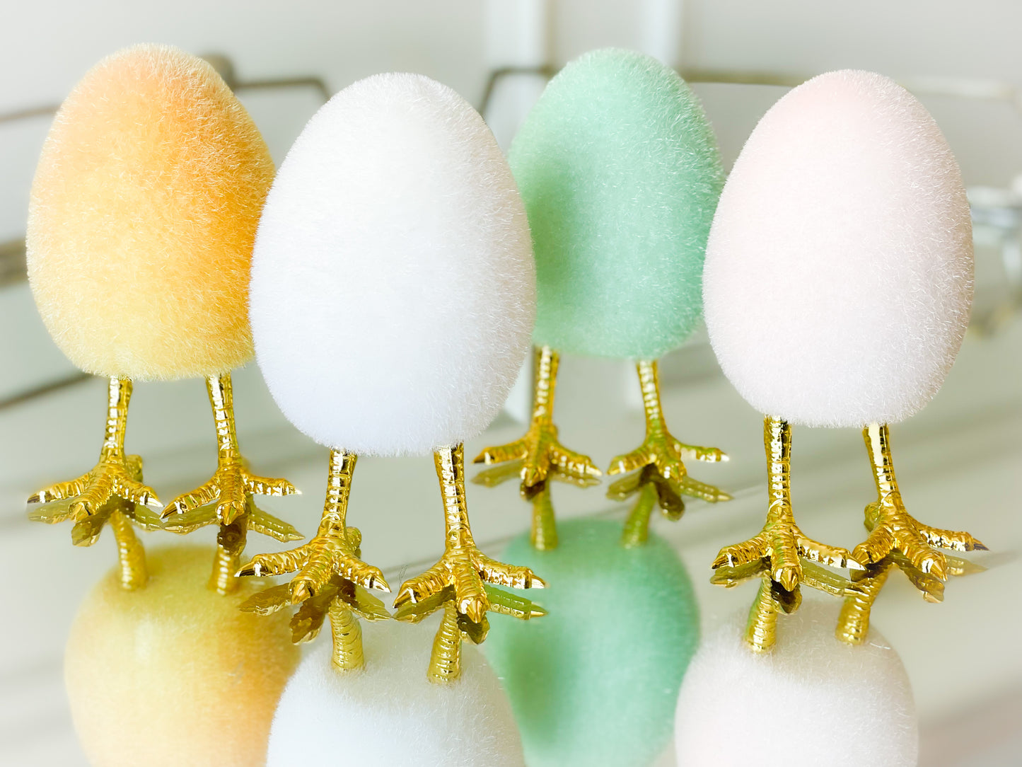 Set Of Four Flocked Eggs With Gold Feet