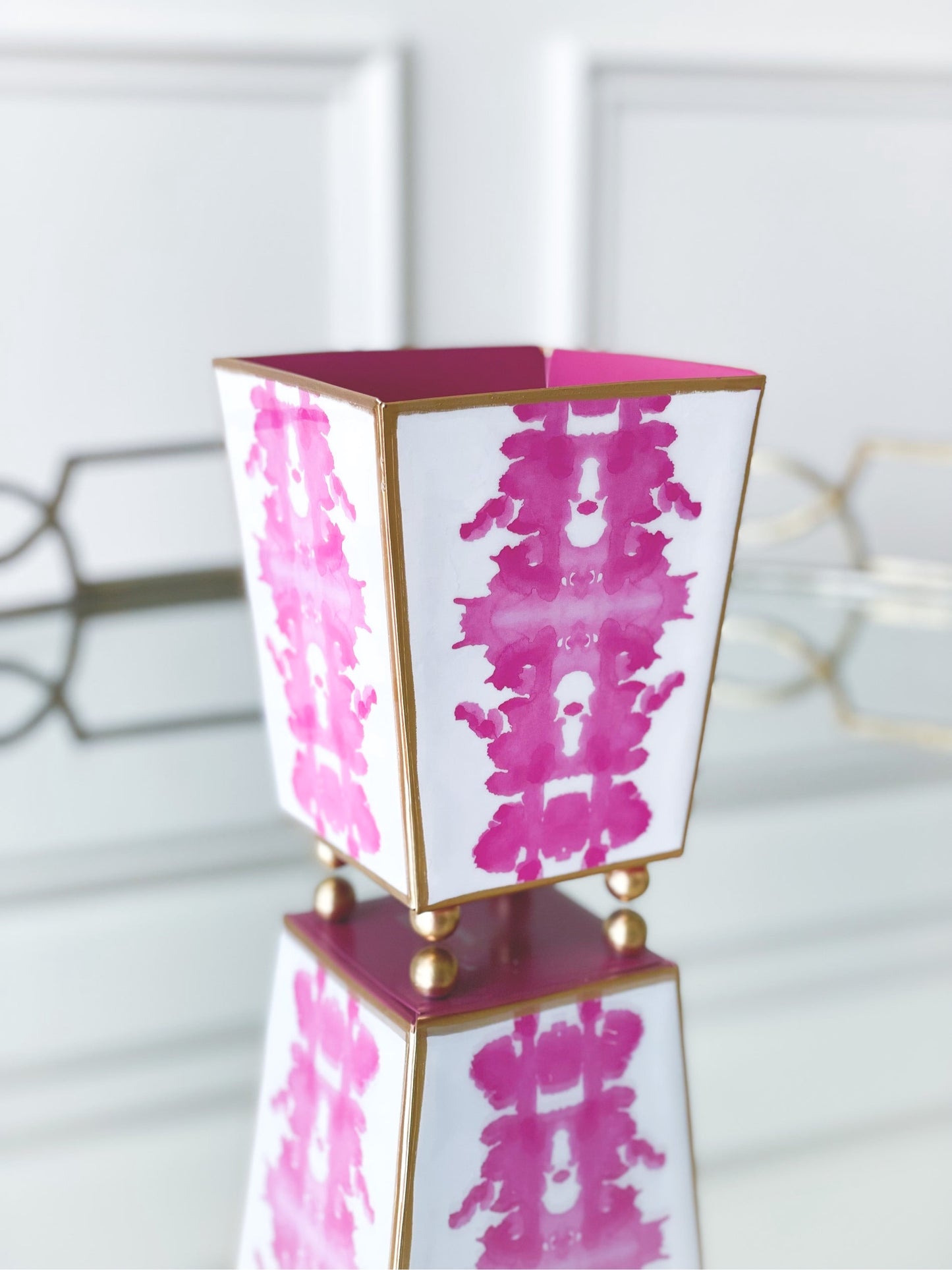 Pink And White Ink Blot Enameled Cachepot